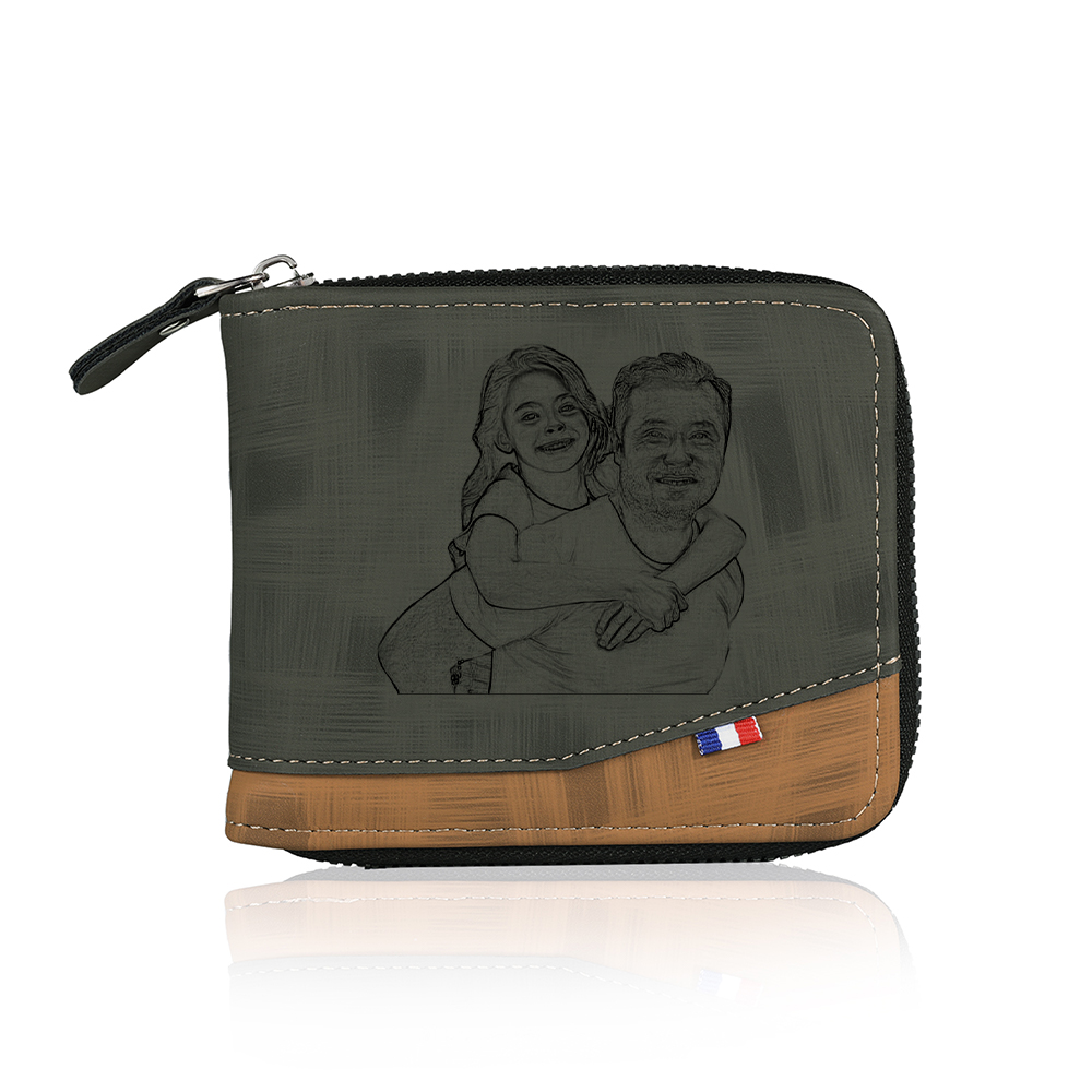 Photo Personalized Leather Zipper Men's Wallet Customized Name Letter Folding Wallet Three Colors Available with Gift Box for Dad