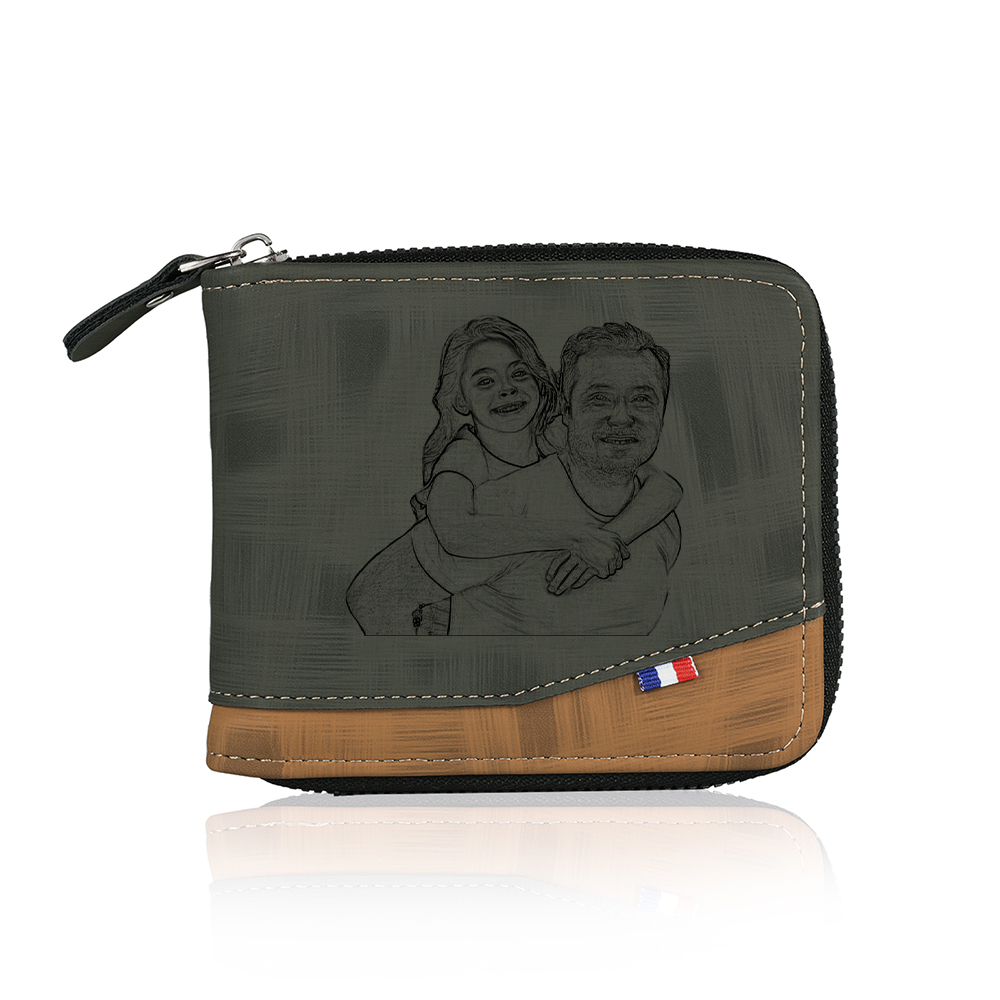 Photo Personalized Leather Zipper Men's Wallet Customized Name Letter Folding Wallet Three Colors Available with Gift Box for Dad