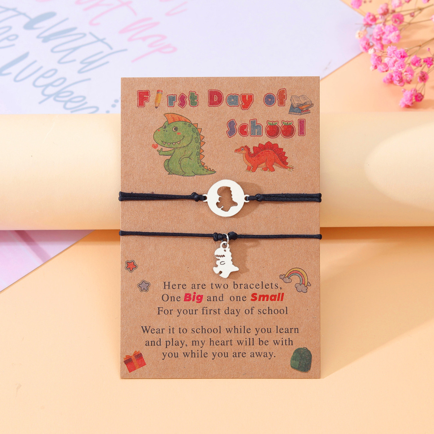 Dinosaur Bracelet-First Day of School Dinosaur Bracelet Set, Adjustable Bracelets Gift With Gift Card For Kids