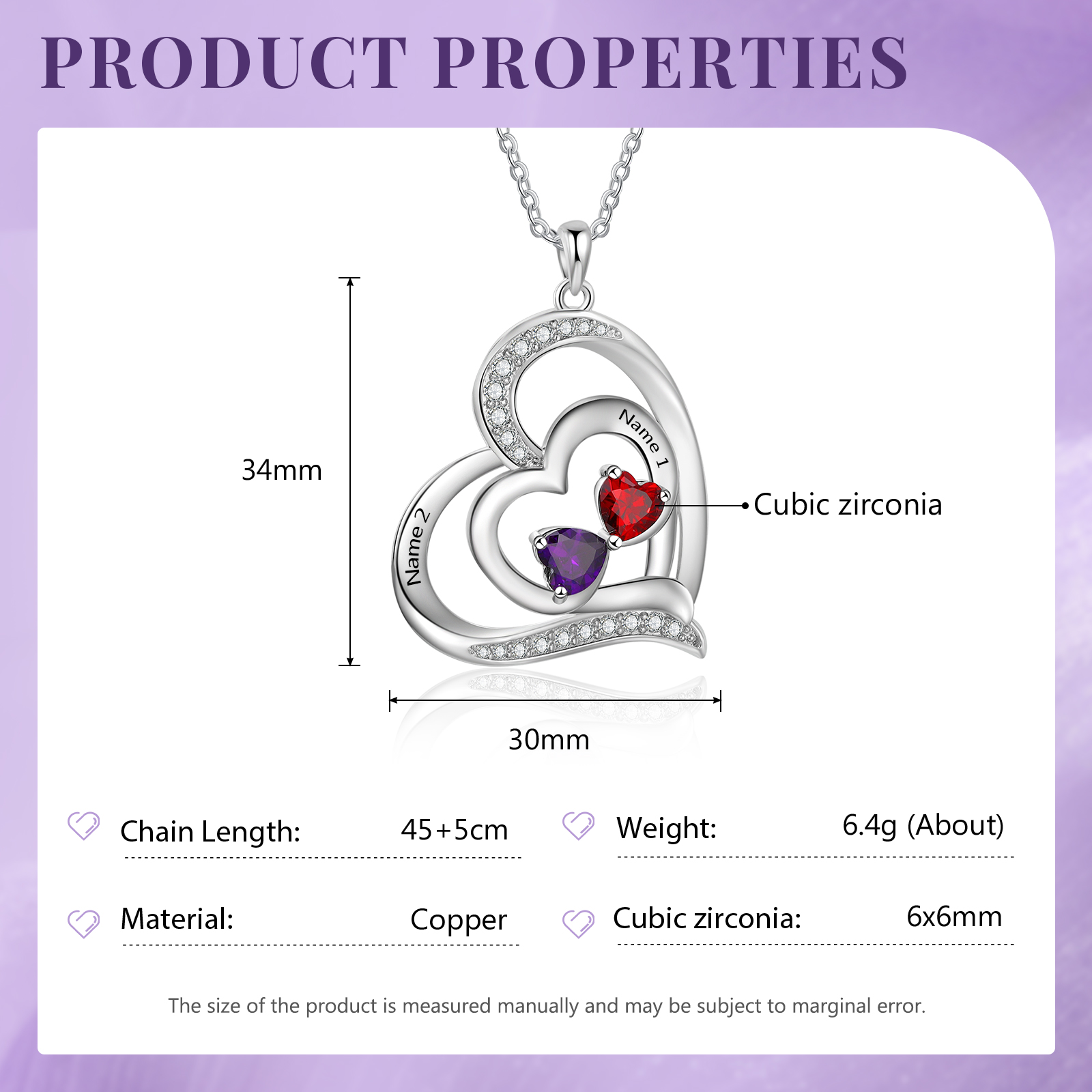 2 Names - Personalized Heart Necklace with Customized Names and Birthstone As Mother's Day Gift for Mom