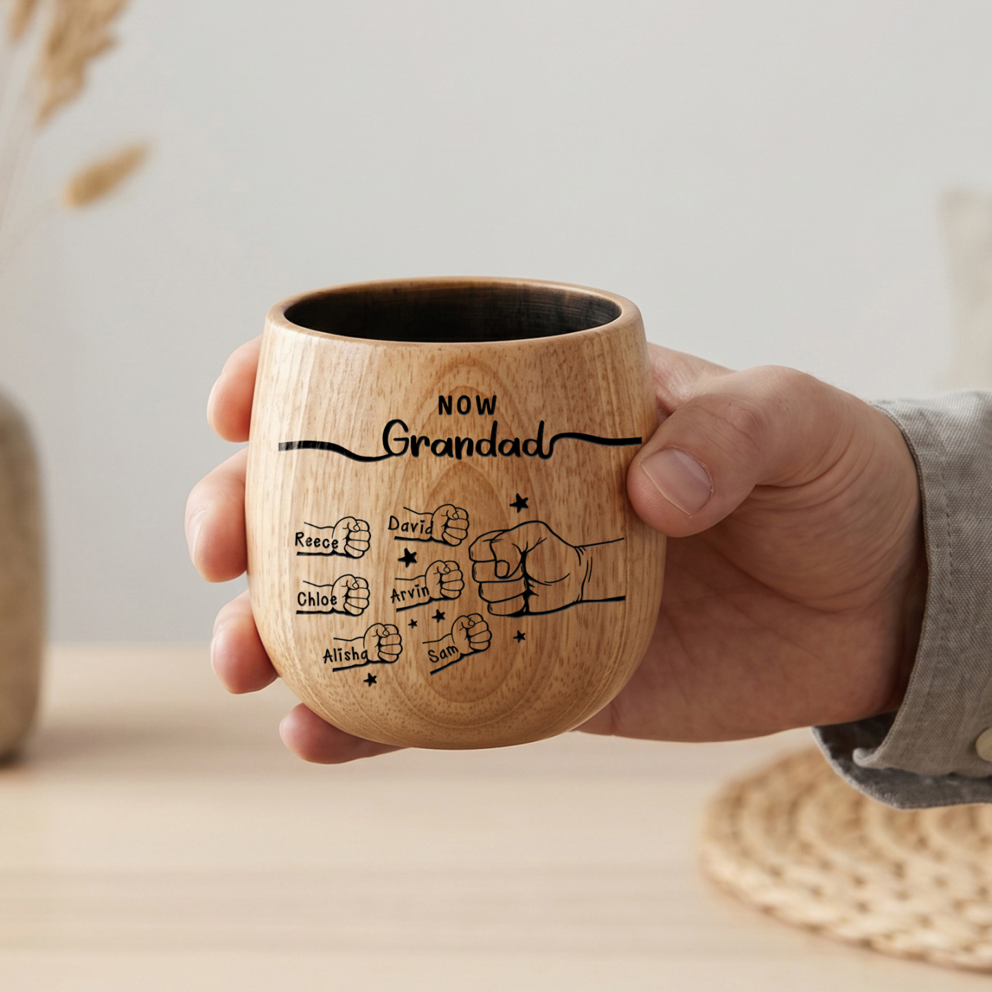 Personalized Wooden Whiskey Cup for Dad Grandpa Customized with 2-12 Names and Fist Bumps