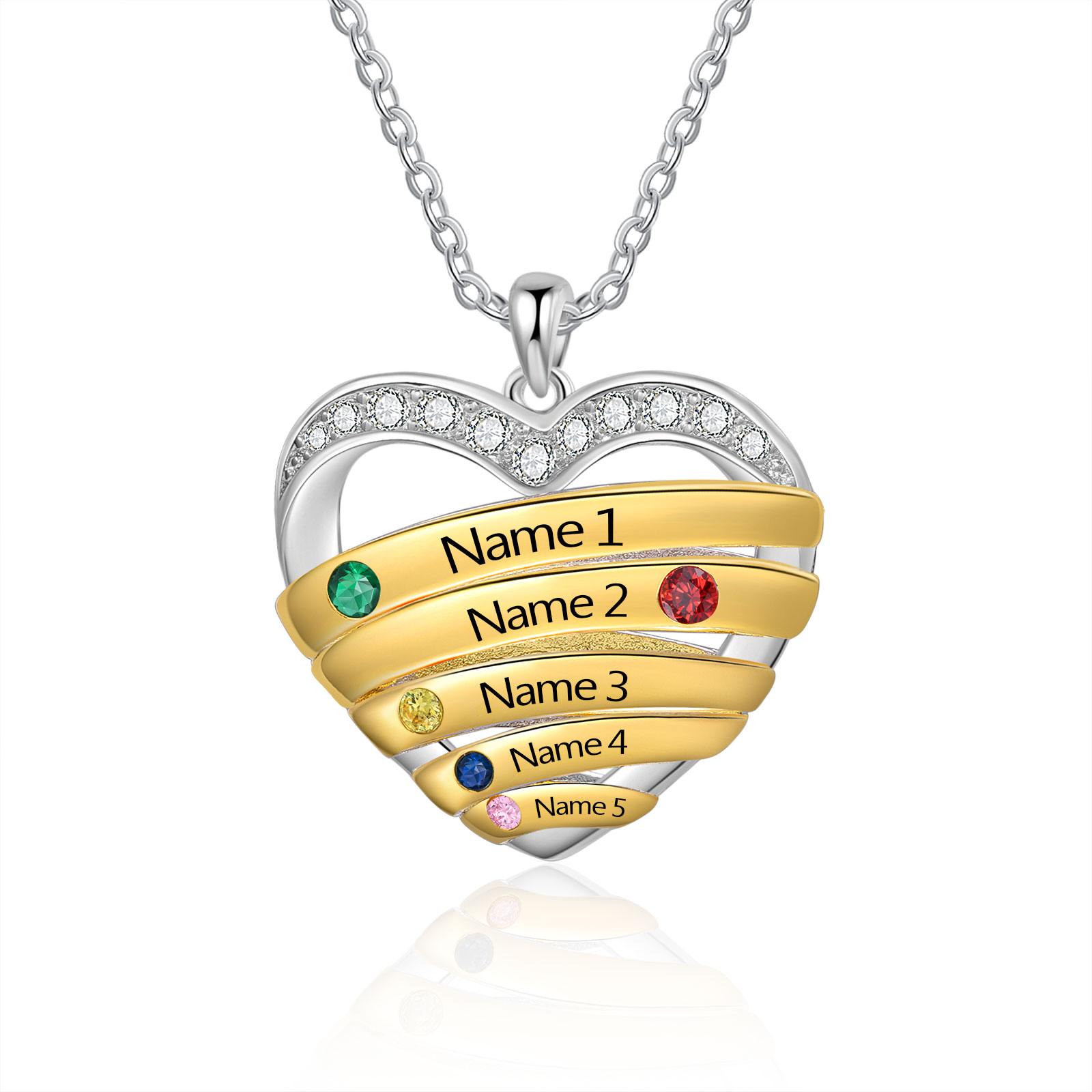 5 Names - Personalized Beautiful Heart Necklace with Custom Name and Birthstone, As a Mother's Day Gift for Mom