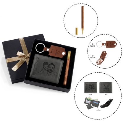 Personalized Leather Wallet Gift Box Set Keychain With Customizable Photo Wallet Customizable Name Letter Gift For Him