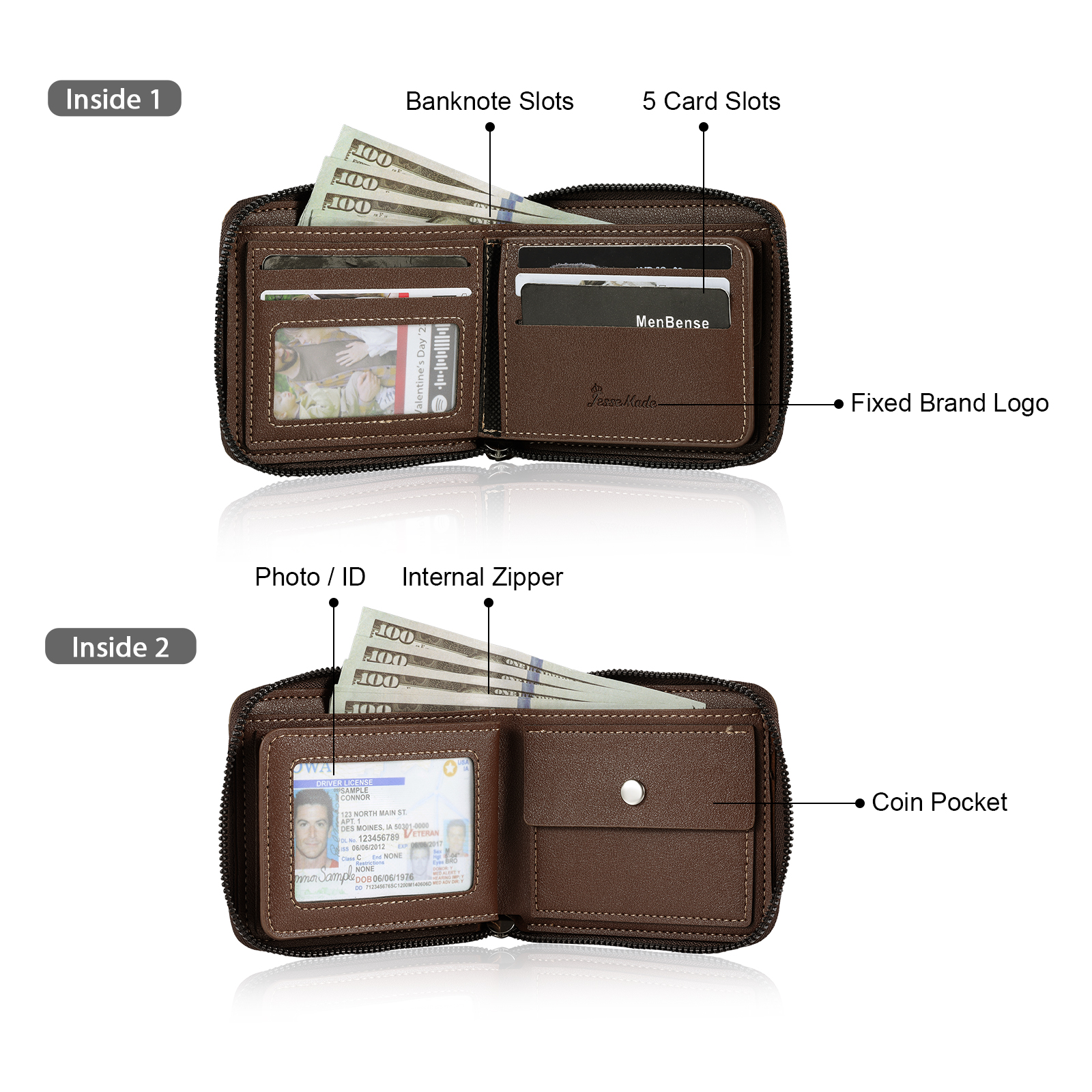 Personalized Name Leather Men's Zipper Wallet With Card Slot Engraved Letter And Photo Gift For Him