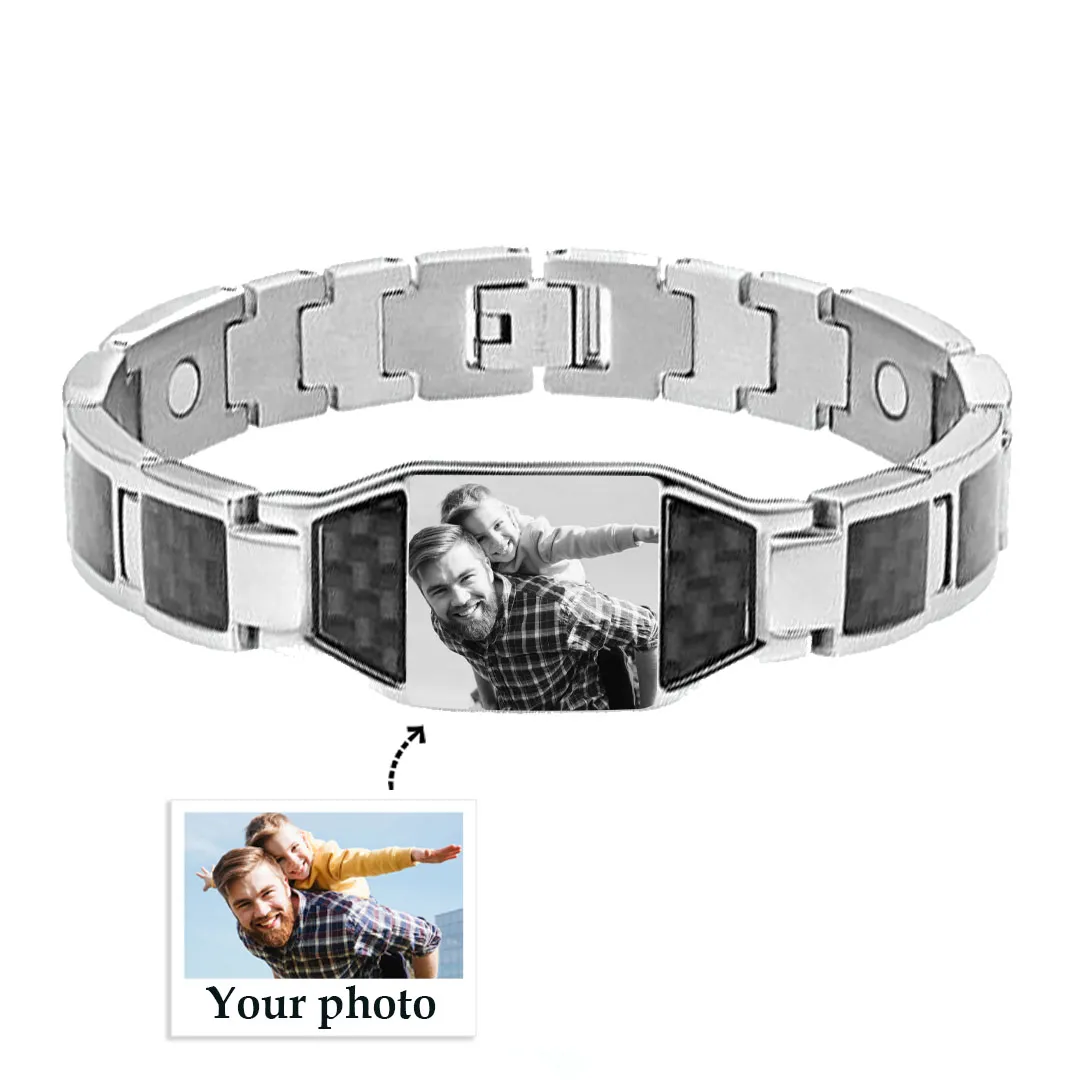 To My Man Personalized Carbon Fiber Energy Bracelet Gift Set, Custom Photo ID Bar Men's Bracelet Bangle Gifts For Him | Jessemade