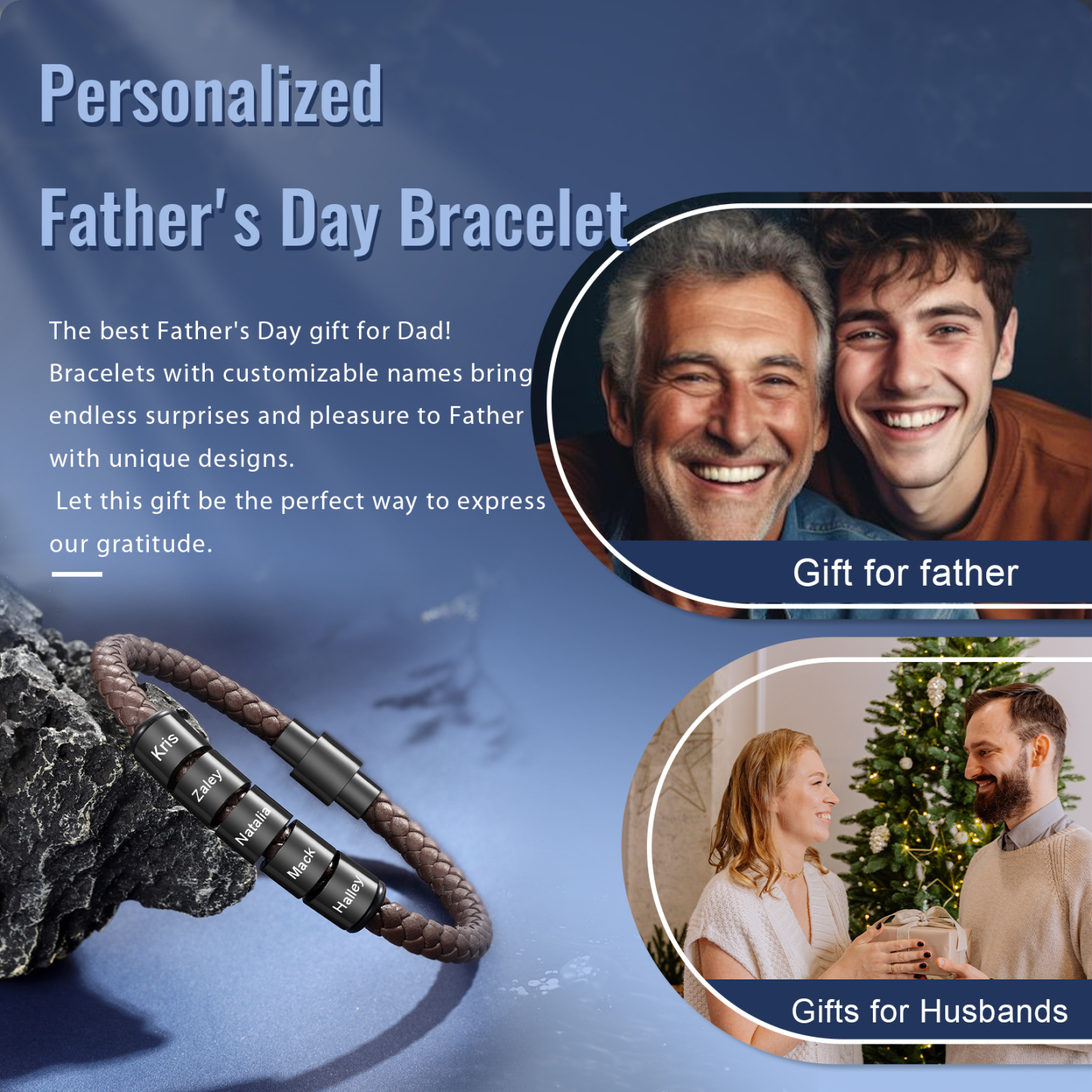 Personalized Men's Bead Bracelet with Custom 5 Names Personalized Gift for Him | Jessmade 