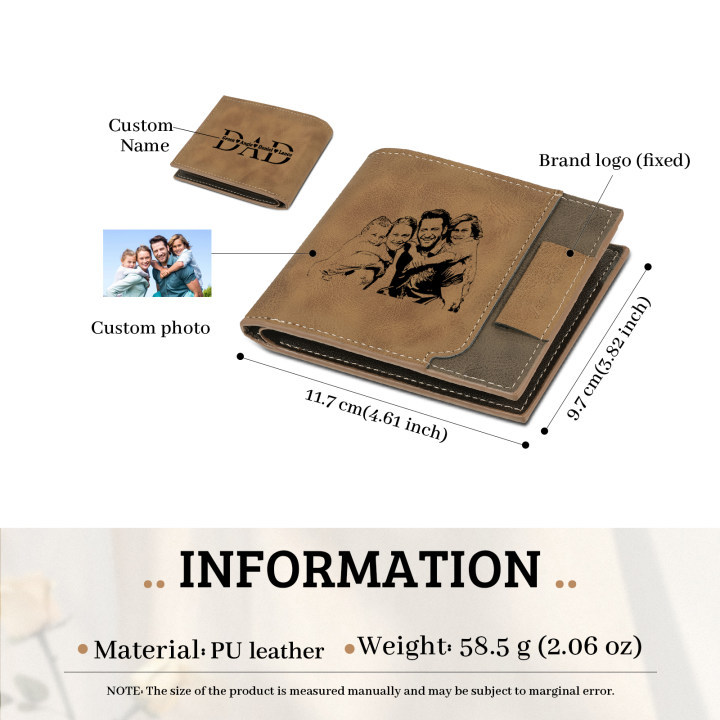 4 Names - Personalized Photo Custom Leather Men's Wallet as a Father's Day Gift for Dad