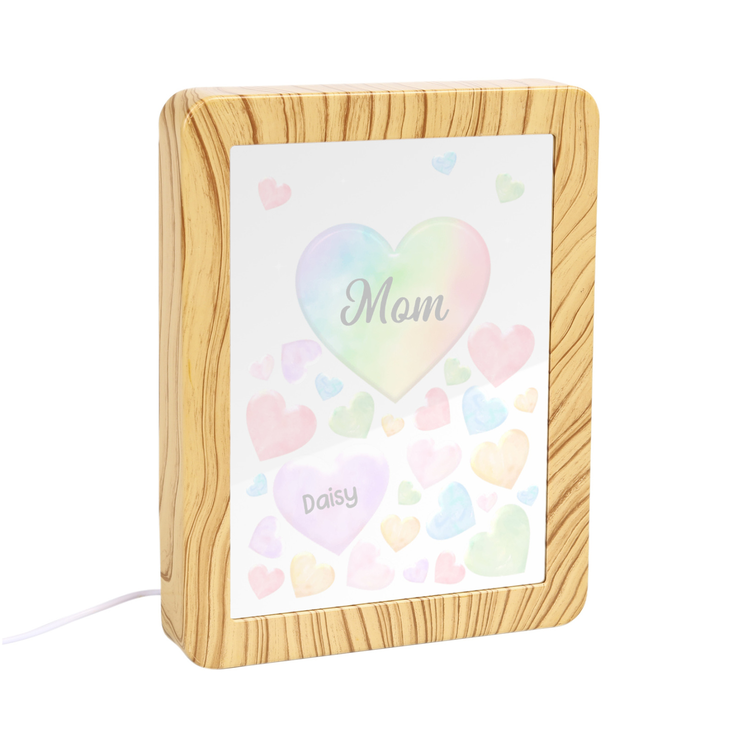 1 Name - Personalized Mom Home Wood Color Plug-in Mirror Photo Frame Custom Text LED Night Light Gift for Mom