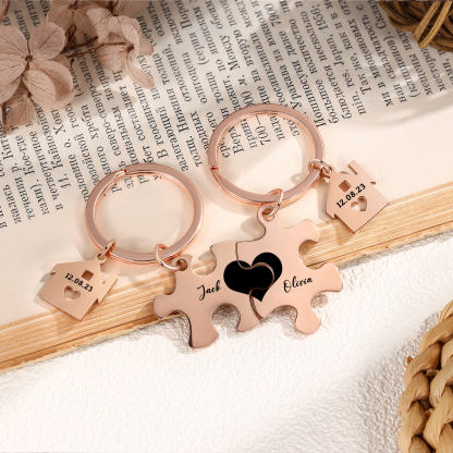 Personalized Name Puzzle Couple Keychain Engrave Date Matching Couple Gifts, Special Gift For Him/Her
