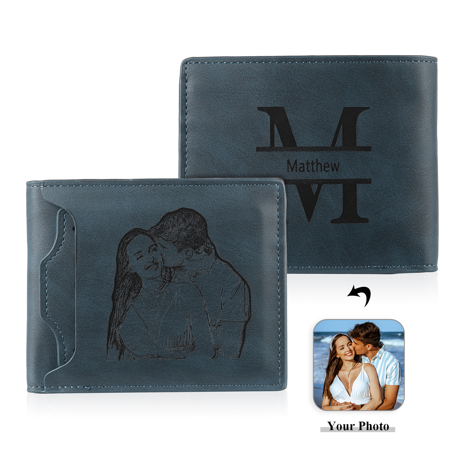 Personalized Name Leather Men's Wallet With Card Slot Engraved Letter And Photo Gift For Him