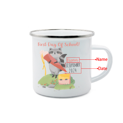 Personalized Name And Date Enamel Mug Children'S Raccoon Pattern Back To School Gift For Kid