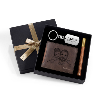Photo Personalized Leather Wallet Gift Box Set with Keychain Customizable Text Wallet Gift for Dad