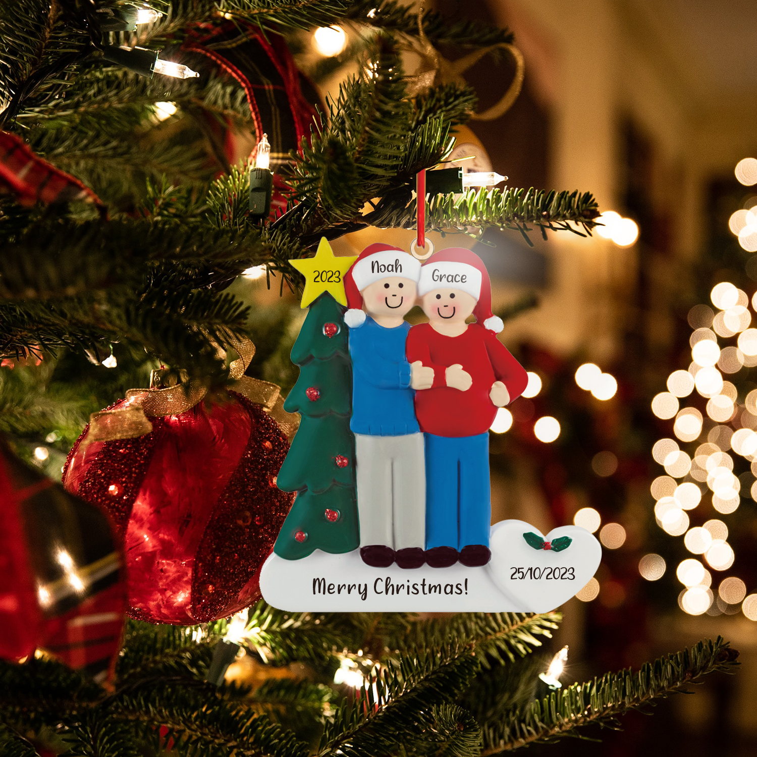 2 Names-Personalized Family Wooden Christmas Xmas Tree Decoration Ornament-Custom 2 Names And Dates Hanging Ornament Gifts For Family