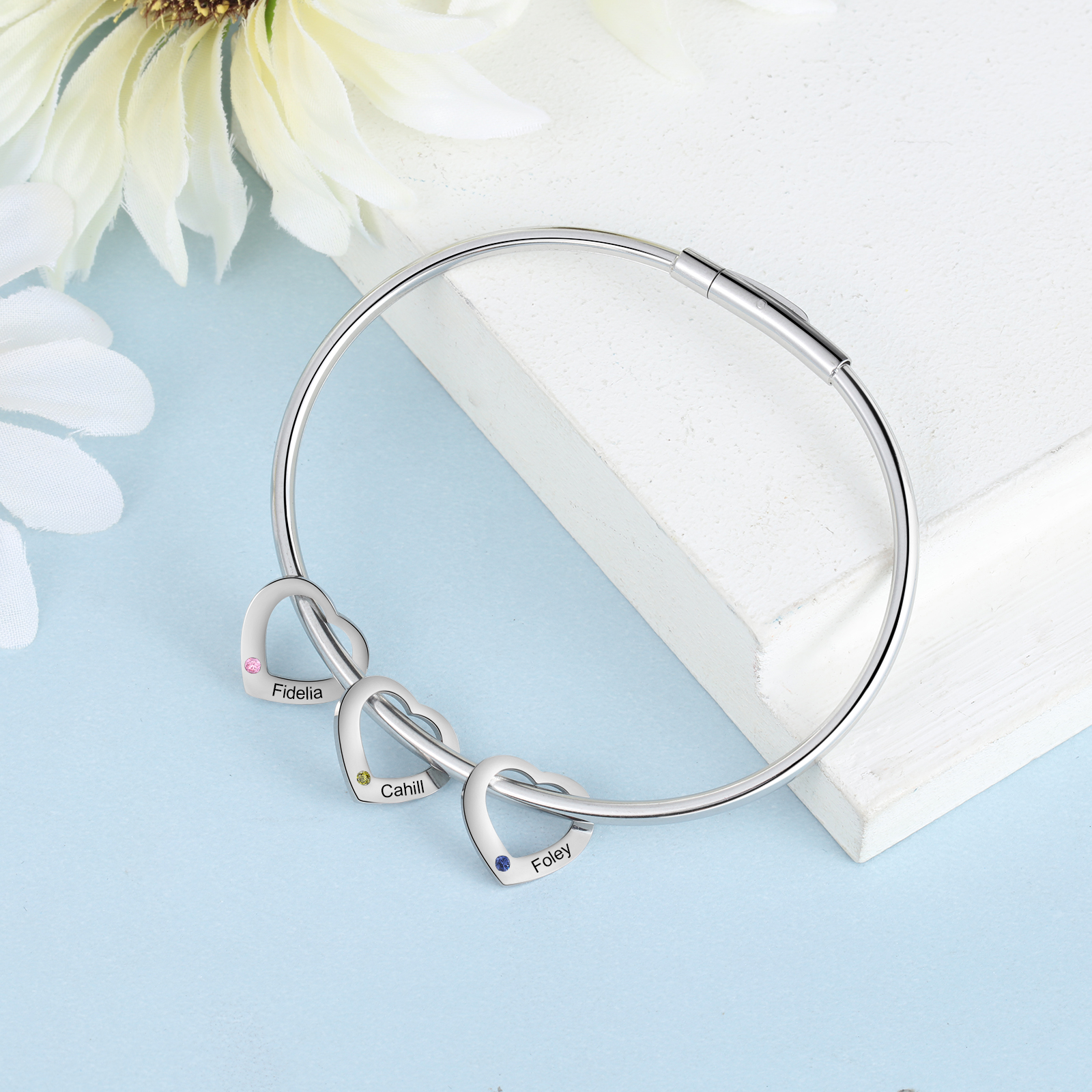 3 Names-Personalized Heart Bracelet With 3 Birthstones Bangle Engraved Names Bracelet Gift For Women
