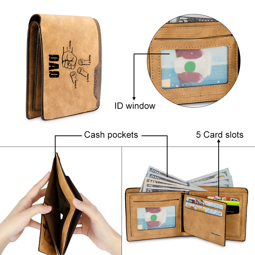 4 Names - Personalized Leather Men's Wallet Custom Photo Fist Fold Wallet for Dad