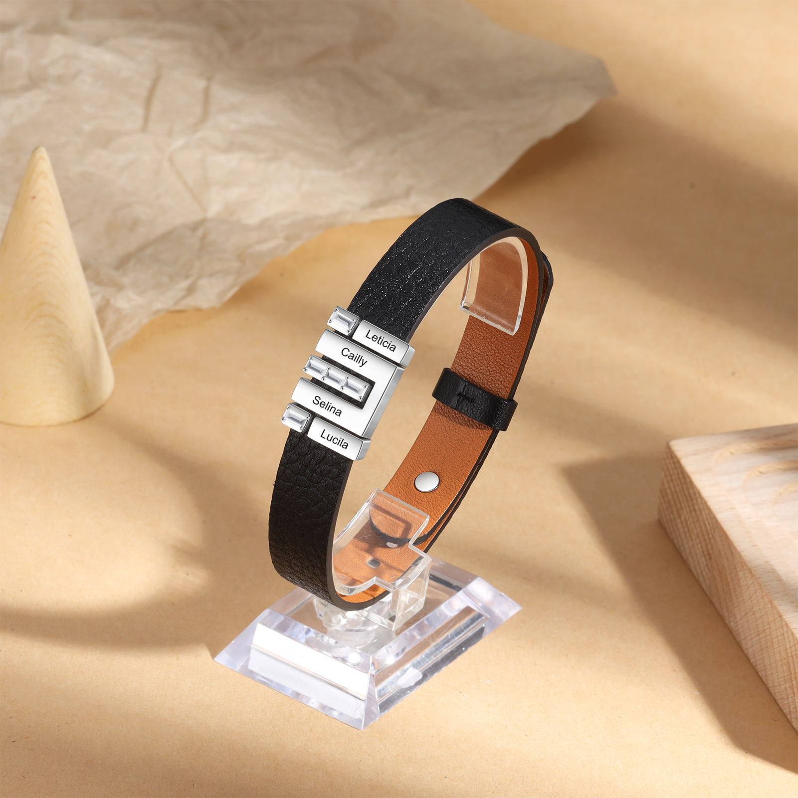 Father's Day Gifts Personalized Leather Bracelet With 4 Names Gifts For Men