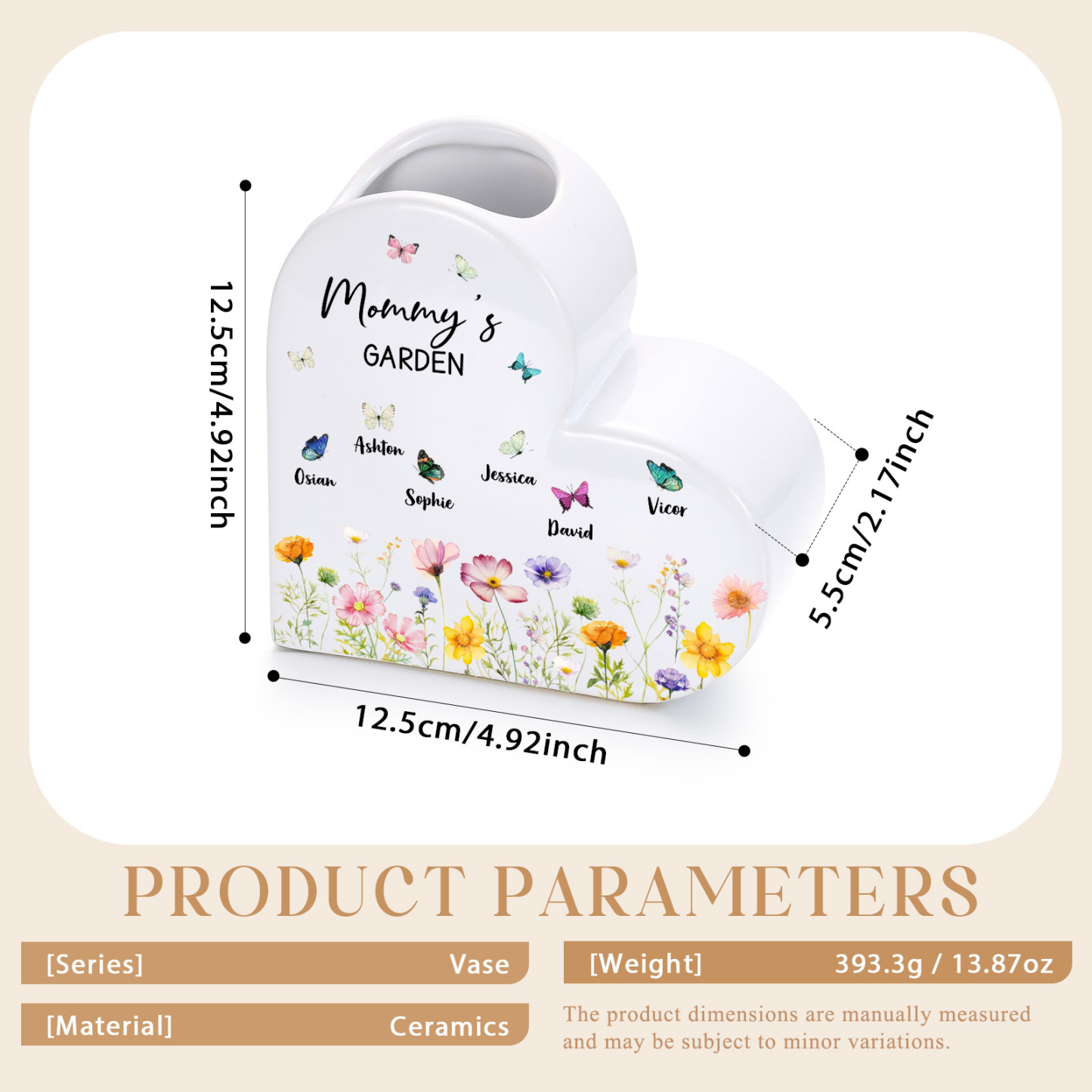 Personalized Heart Shaped Ceramic Vase with Floral and Butterfly Design Customized with 1–10 Names