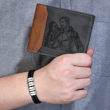 Personalised Gift Set - Custom Wallet & Bracelet with 1 Photo, 1 Letter, and 5 Names, Christmas Gift Box for Him | Jessemade