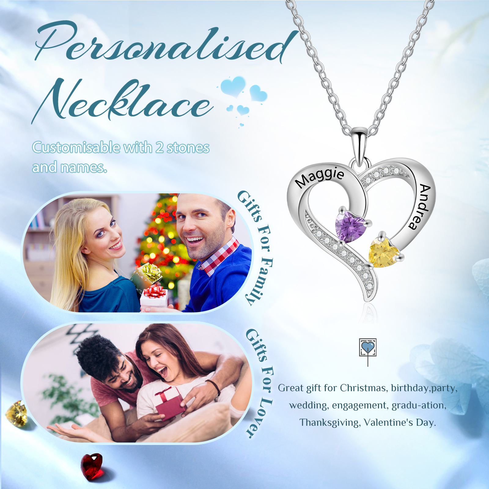 2 Names Personalized Customized 2 Names and 2 Birthstone Necklace Love Necklace Gift for Her