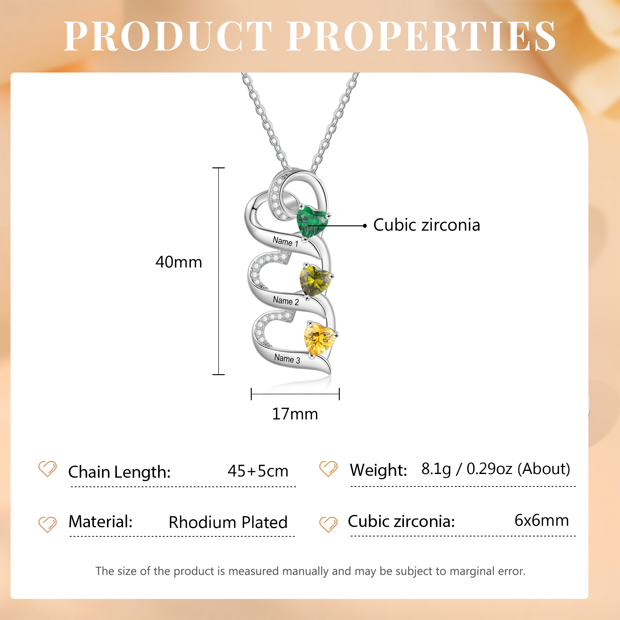 3 Names-Personalized Hearts Necklace Custom Birthstone Necklace Engraved Names Special Gifts for Her