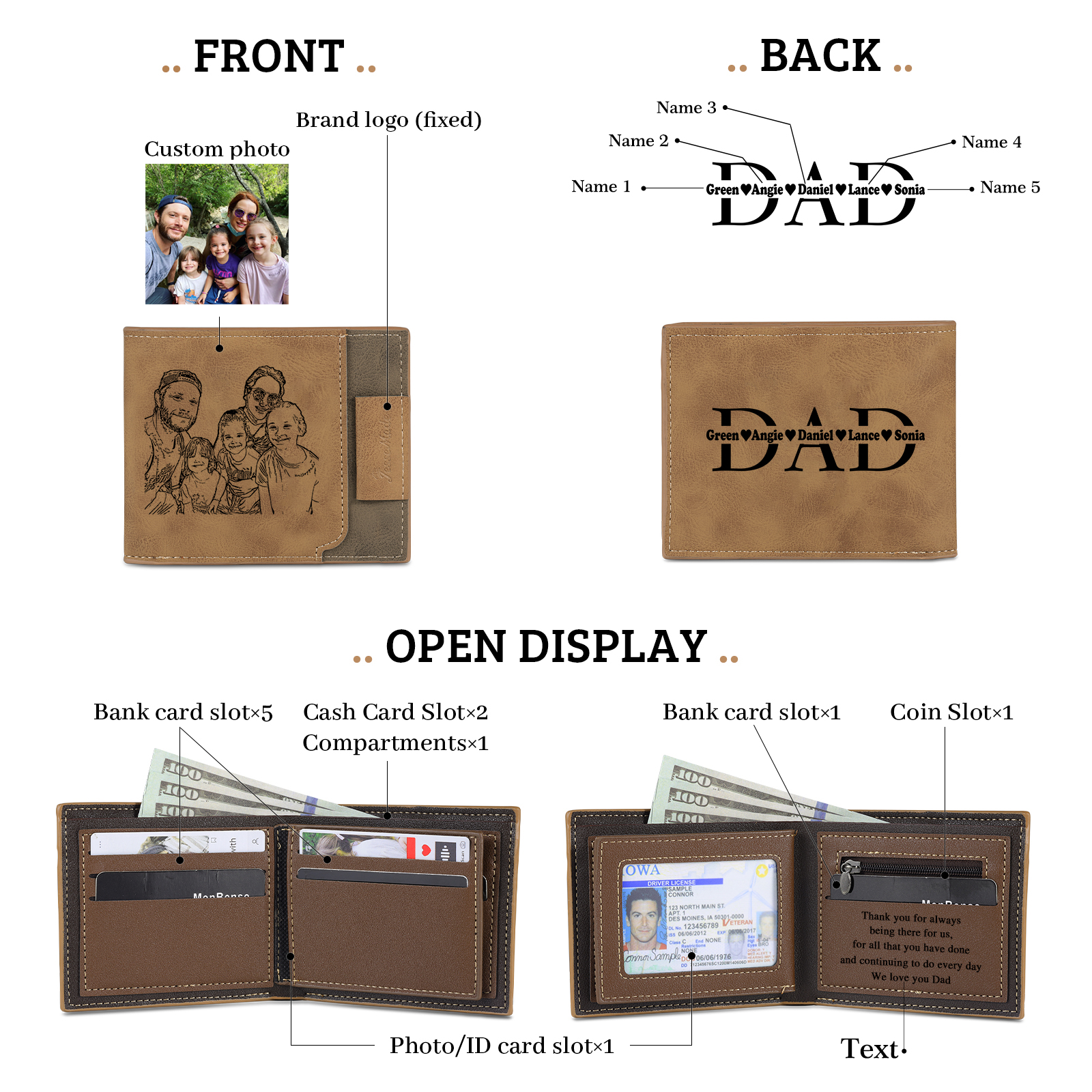 5 Names - Personalized Photo Custom Leather Men's Wallet as a Father's Day Gift for Dad