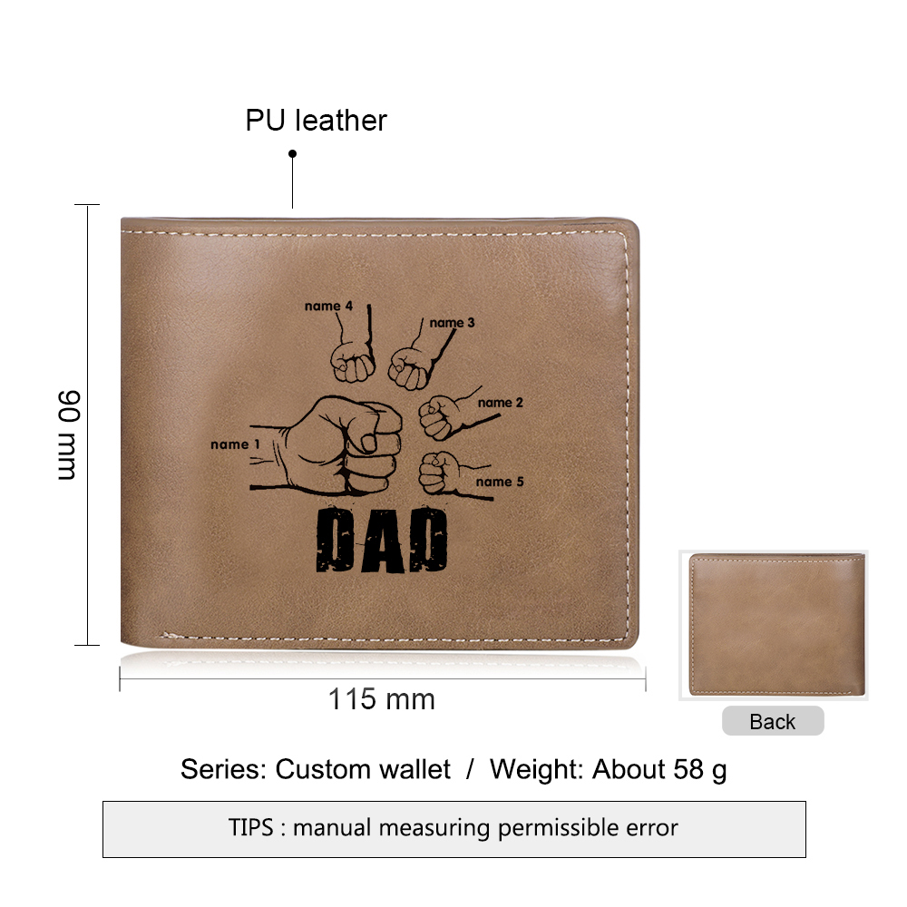 Personalized Leather Mens Wallet Engraved 5 Names Fist Bump Folding Wallet Father's Day Gifts
