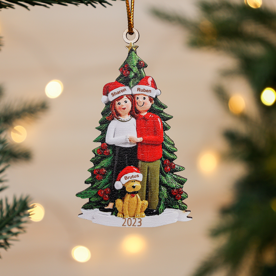 2 Names+Dog Name - Personalized Couples Christmas Tree Ornaments Customized Name & Year Wooden Hanging Ornament Gift for Couples