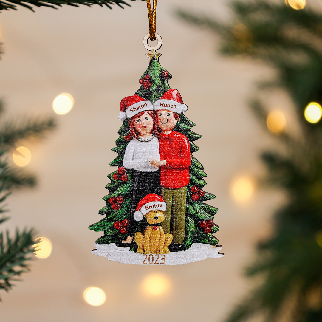 2 Names+Dog Name - Personalized Couples Christmas Tree Ornaments Customized Name & Year Wooden Hanging Ornament Gift for Couples