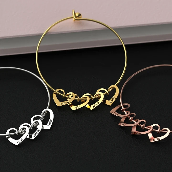 3 Names-Personalized Love Bracelet with 3 Heart Charms Engraved Name Bangle Bracelet