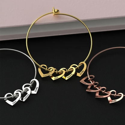 3 Names-Personalized Love Bracelet with 3 Heart Charms Engraved Name Bangle Bracelet