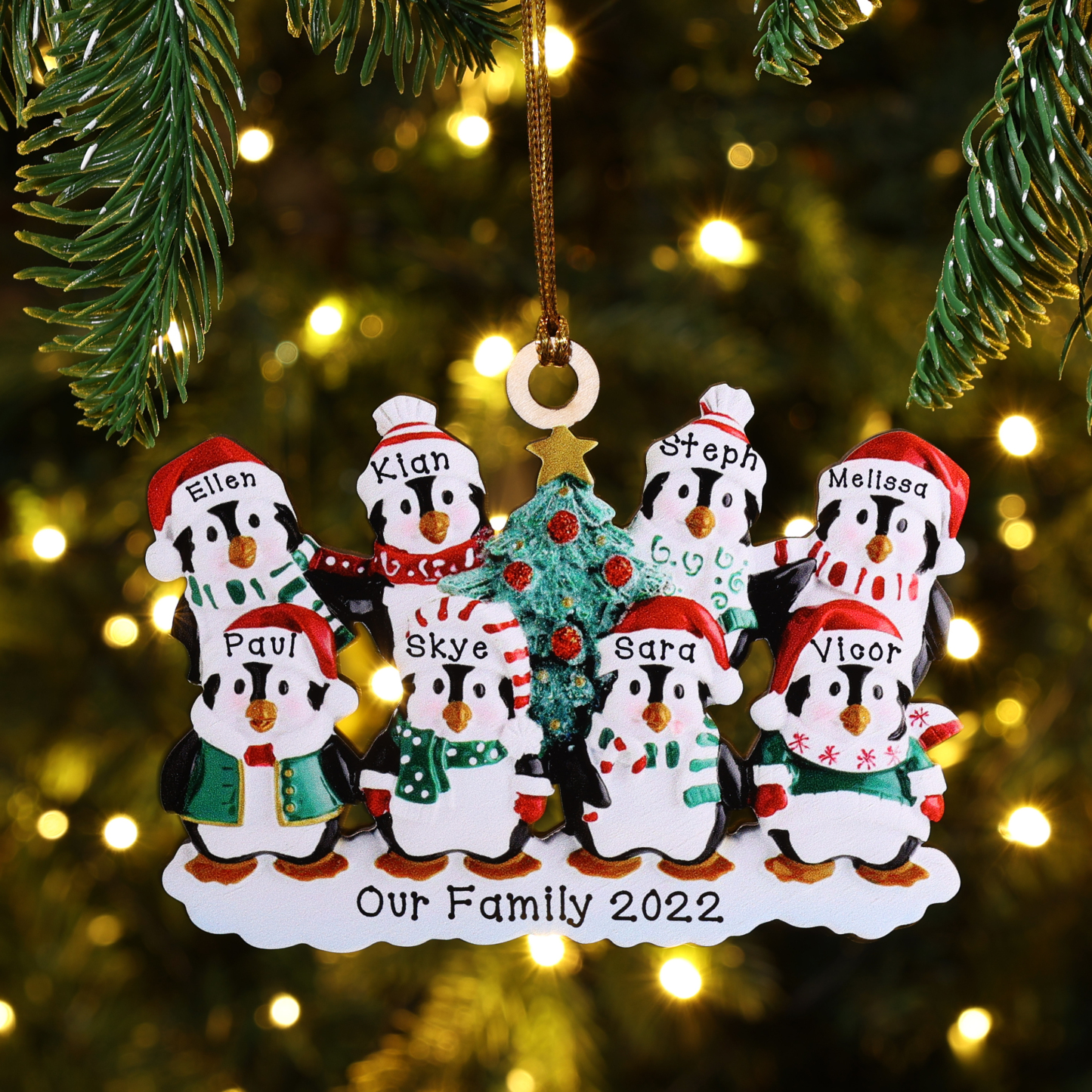9 Names-Personalized Family Wooden Christmas Ornament-Custom 8 Names Hanging Ornament Gifts For Family-Winter Penguin Family