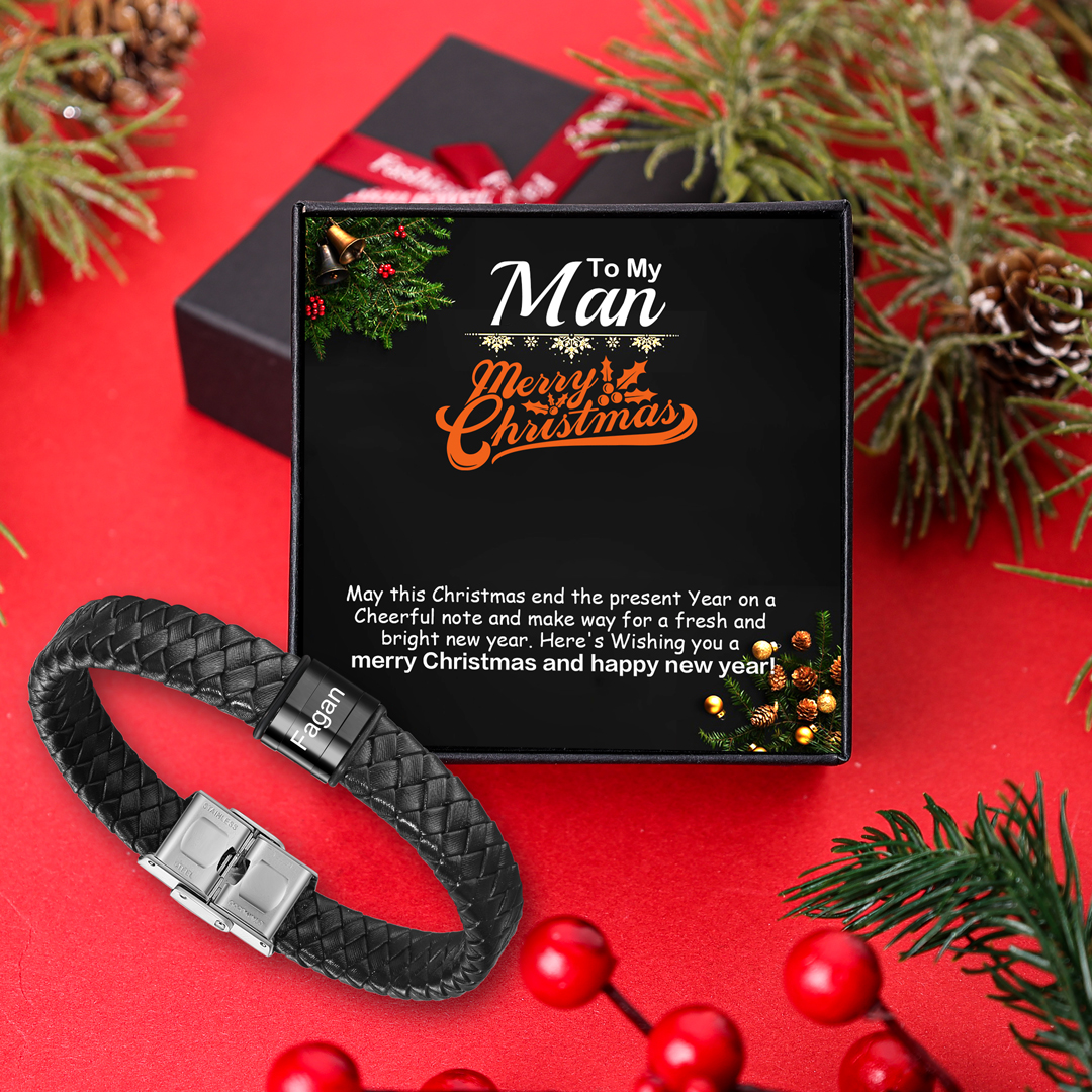 1 Names-Personalized Braided Leather Bracelet Set With Gift Box-Custom Men's Bracelet Engraved 1 Names Gift for Him