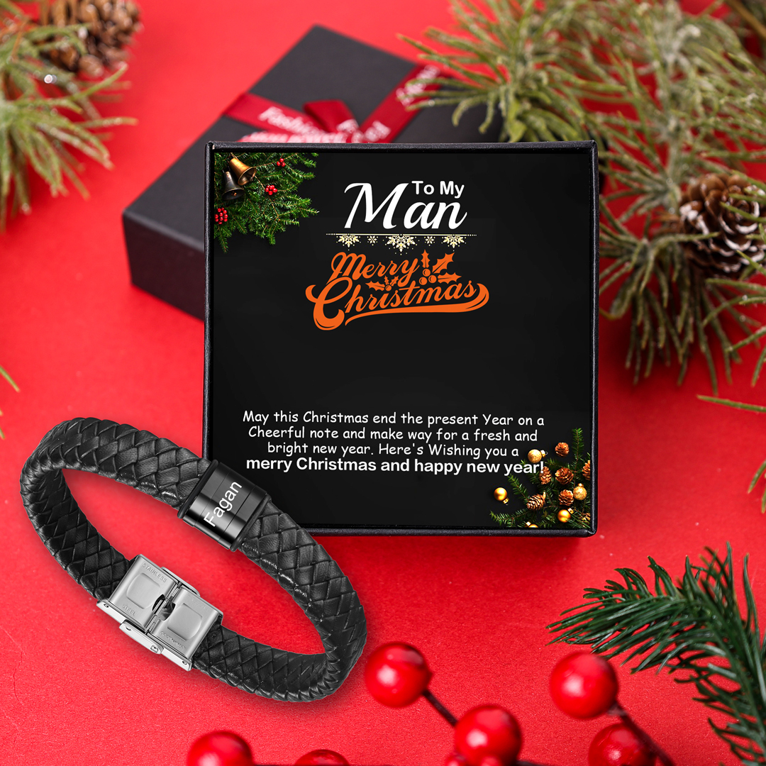 1 Names-Personalized Braided Leather Bracelet Set With Gift Box-Custom Men's Bracelet Engraved 1 Names Gift for Him