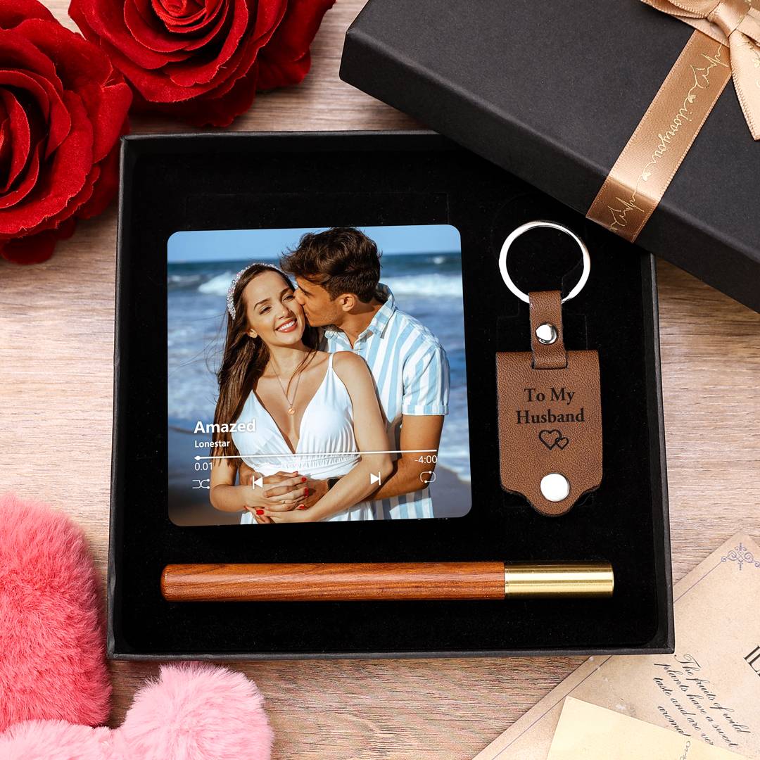 Personalized Gift Set – Custom Music Photo Magnet, Engraved Keychain & Wooden Pen, Valentine’s Day Gift for Him | Jessemade