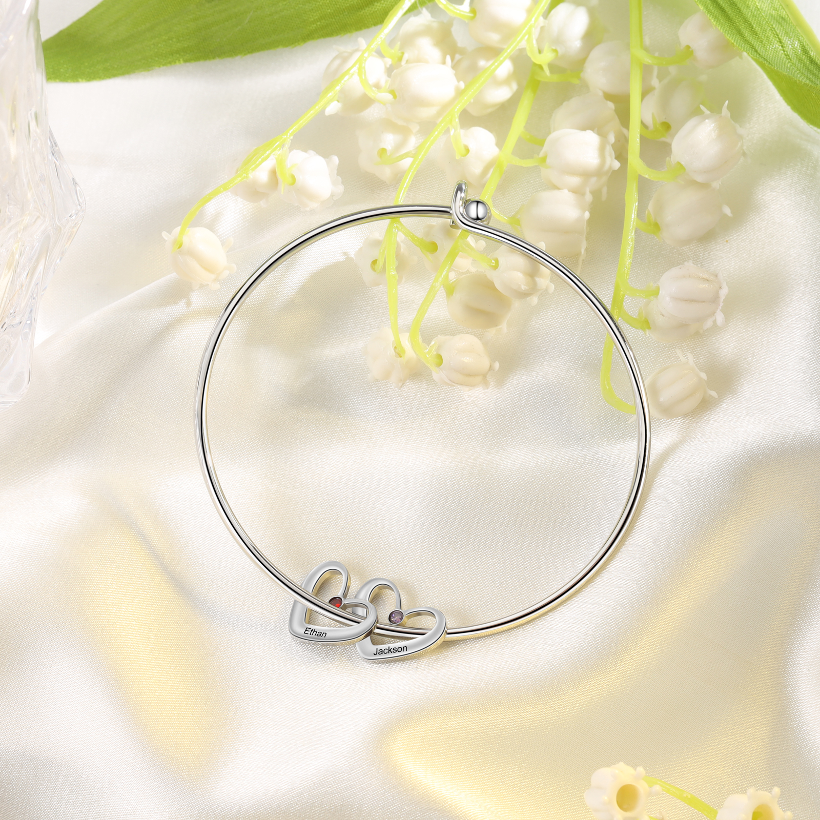 2 Names-Personalized Heart Bangle With 2 Names and Birthstones Bangle Bracelet Gifts For women