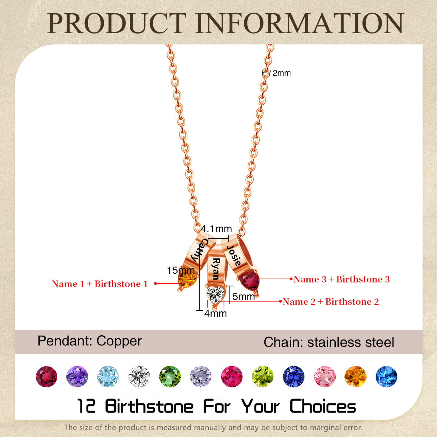 3 Names - Personalized Link Pendant Necklace with Customized Name and Birthstone Gift for Her