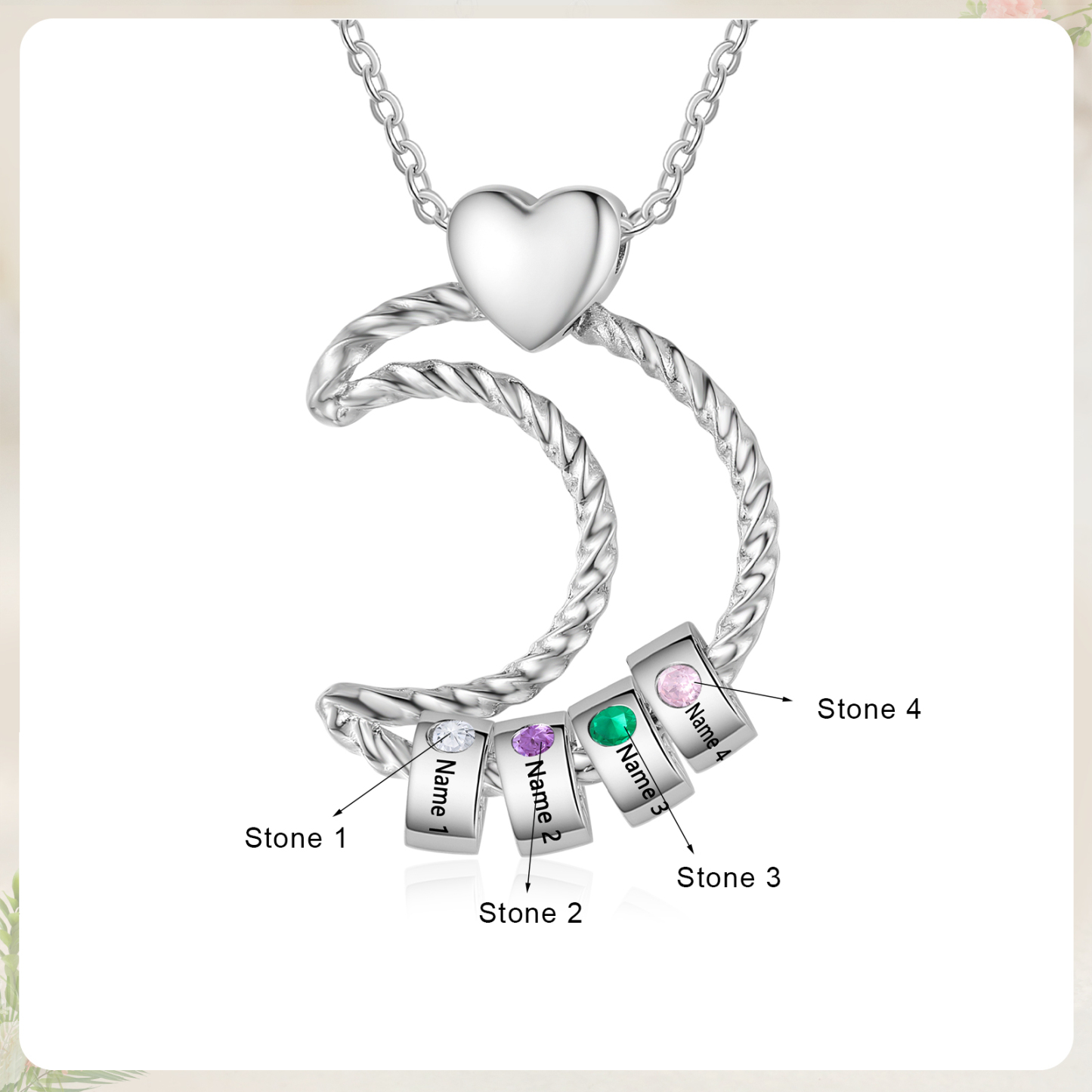 4 Names - Personalized Moon Pendant Necklace Custom Birthstones & Names Necklace Gift for Her | Jessemade