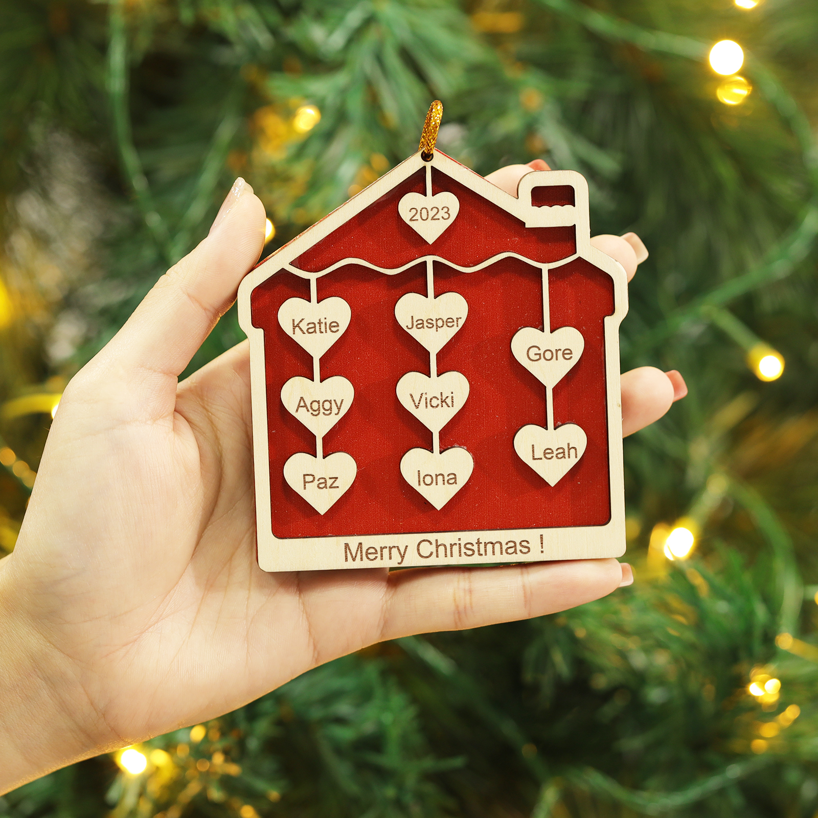 8 Names-Personalized Family Wooden Christmas Xmas Tree Decoration Ornament-Custom 8 Names And Year Hanging Ornament Gifts For Family