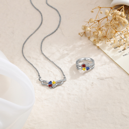 Personalized Ring With 3 Birthstones Engraved Names Ring Best Gift For Women