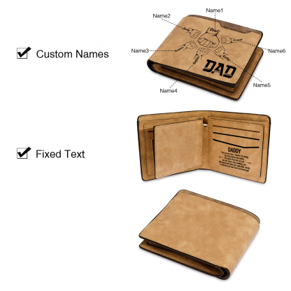 6 Names - Personalized Fist Bump Pattern Custom Name Leather Men's Wallet as a Father's Day Gift for Dad