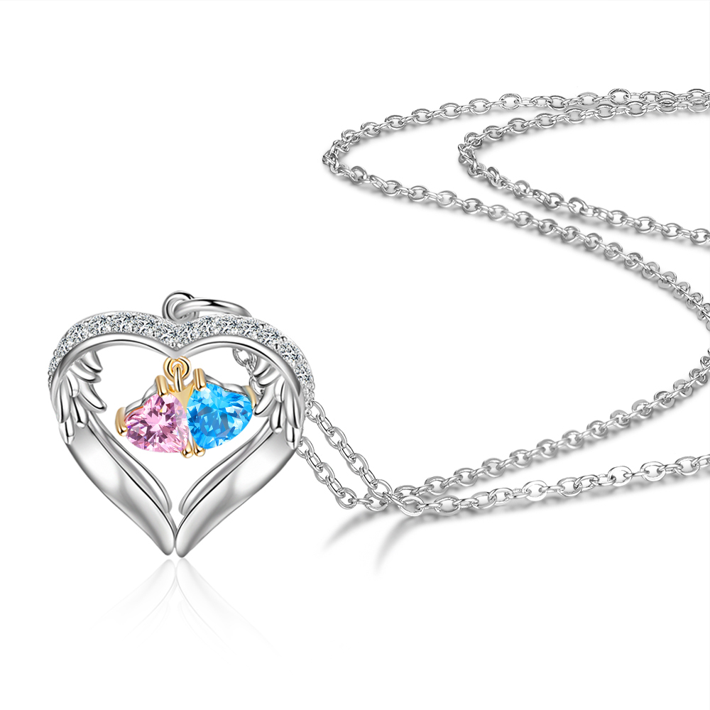 Personalized Wings S925 Silver Necklace With 2 Heart Birthstones Engraved Names Gift For Women