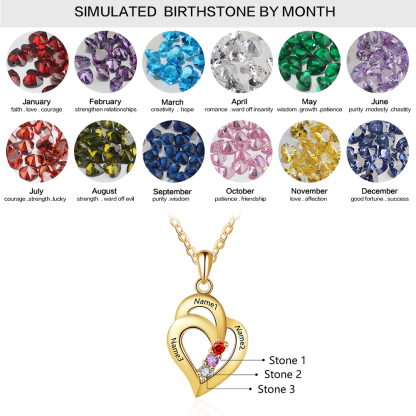 Personalized Heart S925 Necklace With 3 Birthstones Engraved Names Gift For Her