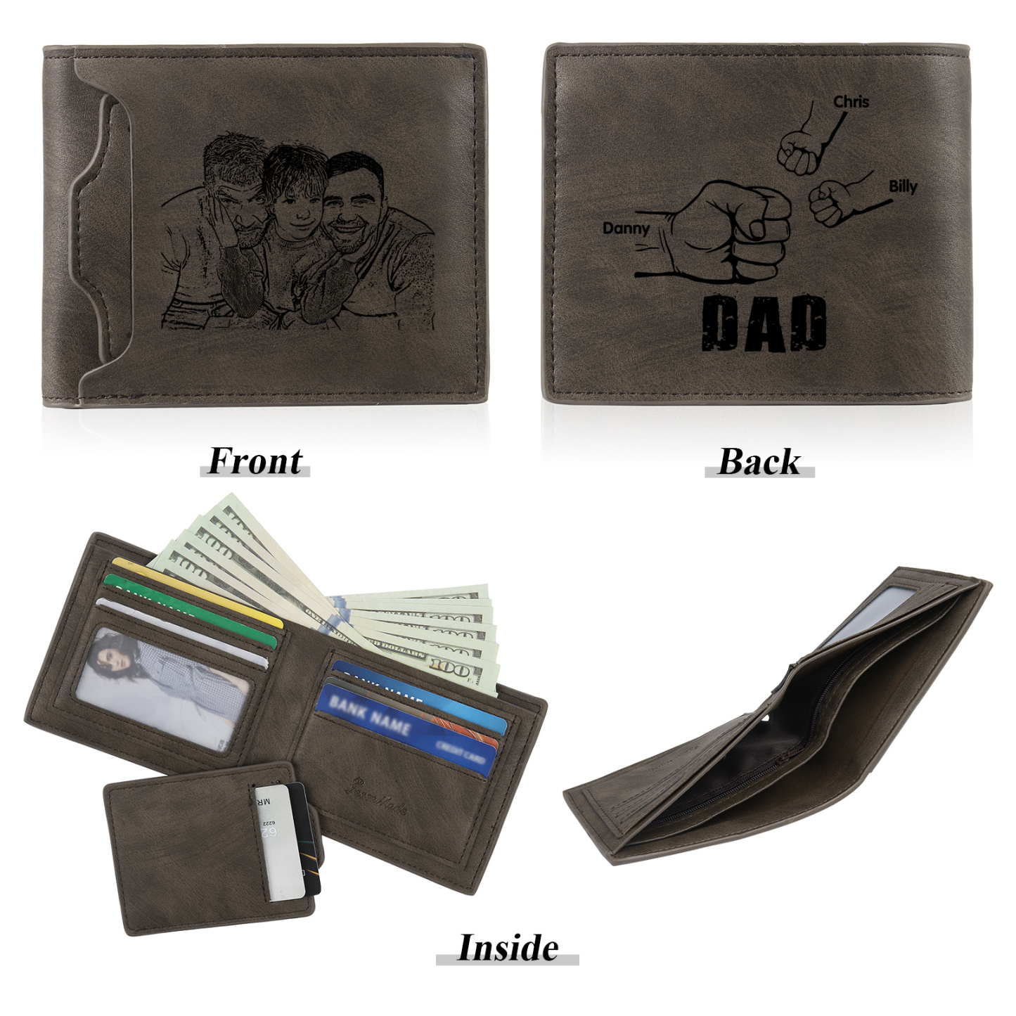 3 Names - Personalized Photo Custom Leather Men's Folding Wallet as a Father's Day Gift for Dad