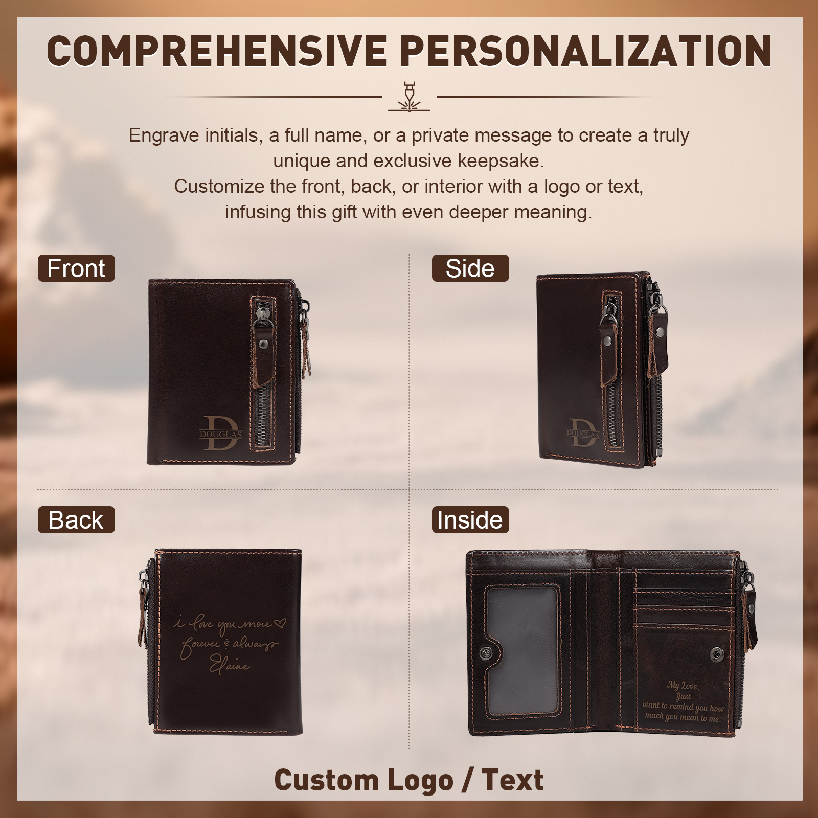 Personalized Leather RFID Bifold Wallet with Zipper for Men