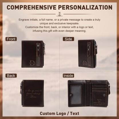 Personalized Leather RFID Bifold Wallet with Zipper for Men