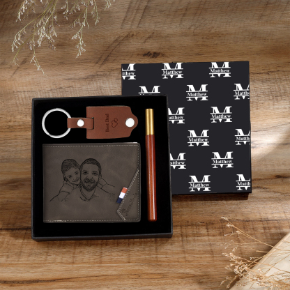 Personalized Leather Wallet Gift Box Set with Keychain Customizable Photo,Text ,Name and Letter Wallet Gift for Him