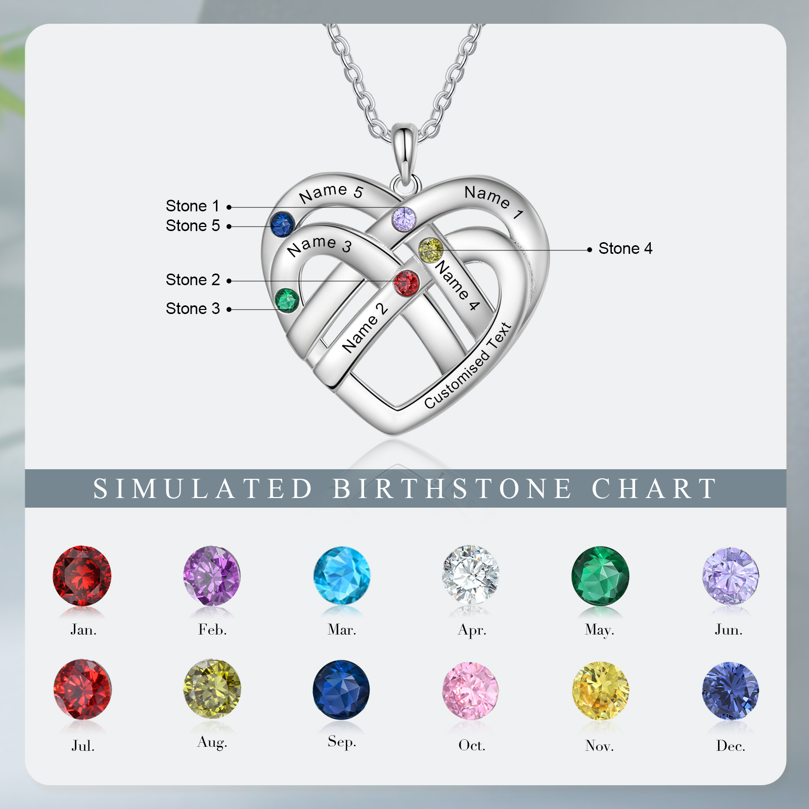 5 Names - Personalized Double Layer Heart Necklace with Custom Name and Birthstone, As a Mother's Day Gift for Mom