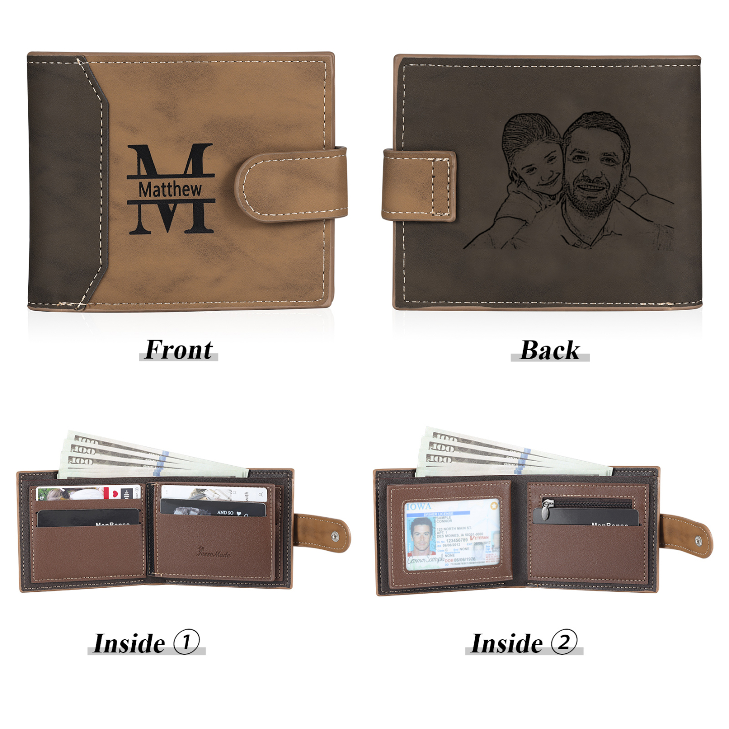 Personalized Leather Wallet Gift Box Set with Keychain Customizable Photo,Text ,Name and Letter Wallet Gift for Him