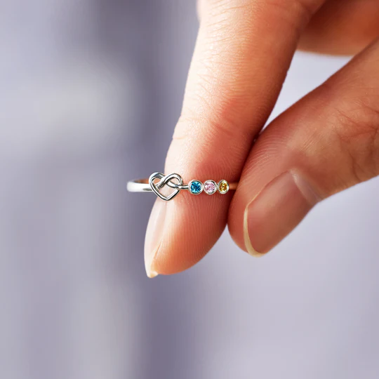 Family Ring Personalized 3 Birthstones Heart Knot Ring Band