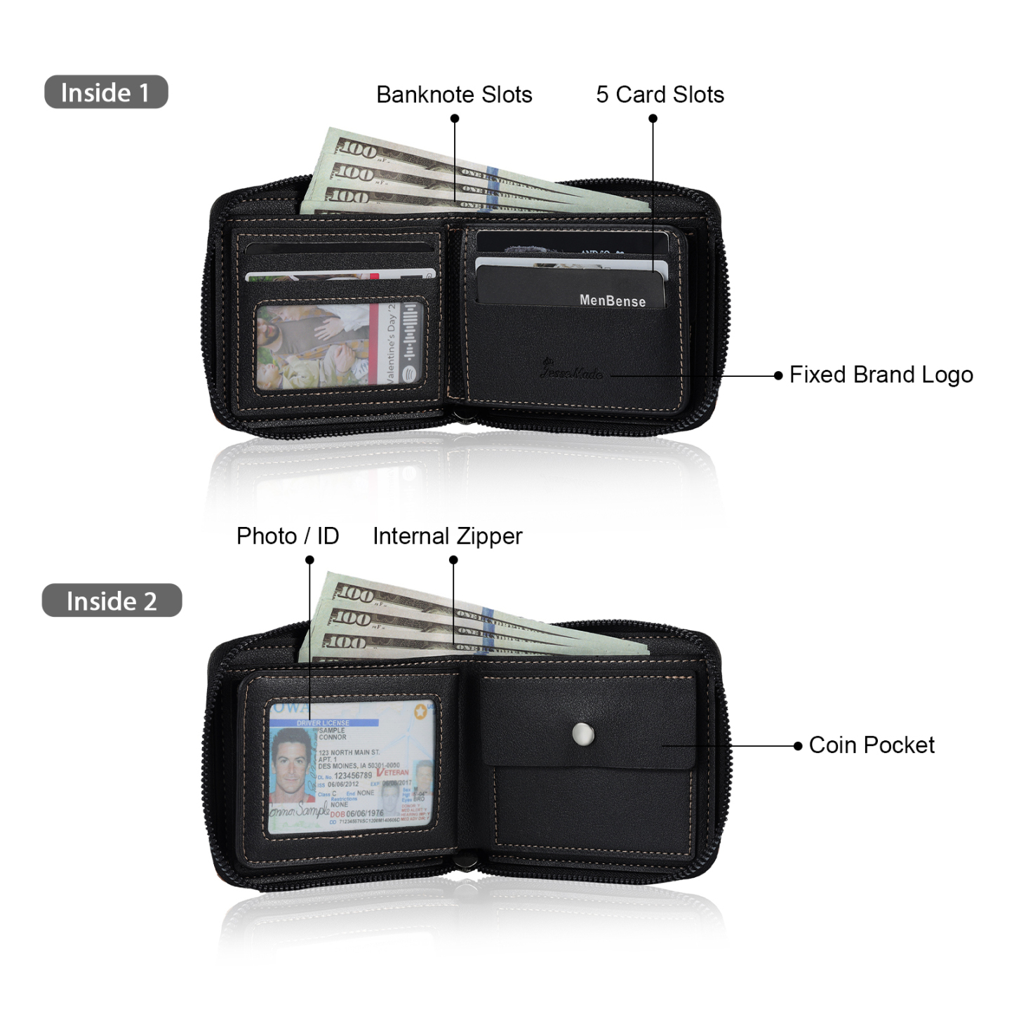 6 Names - Personalized Photo Custom Leather Men's Zipper Wallet as a Father's Day Gift for Dad